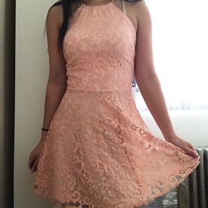 Nude-Pink Lace Halter Neck Skater Dress